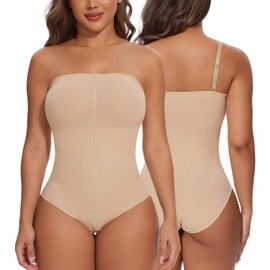 SHAPERIN Women Strapless Shapewear Bodysuit Tummy Control Push Up Shaping Bodysuit Seamless Body Shaper Compression Leotard Bandeau Bodysuit Top, Beige, M