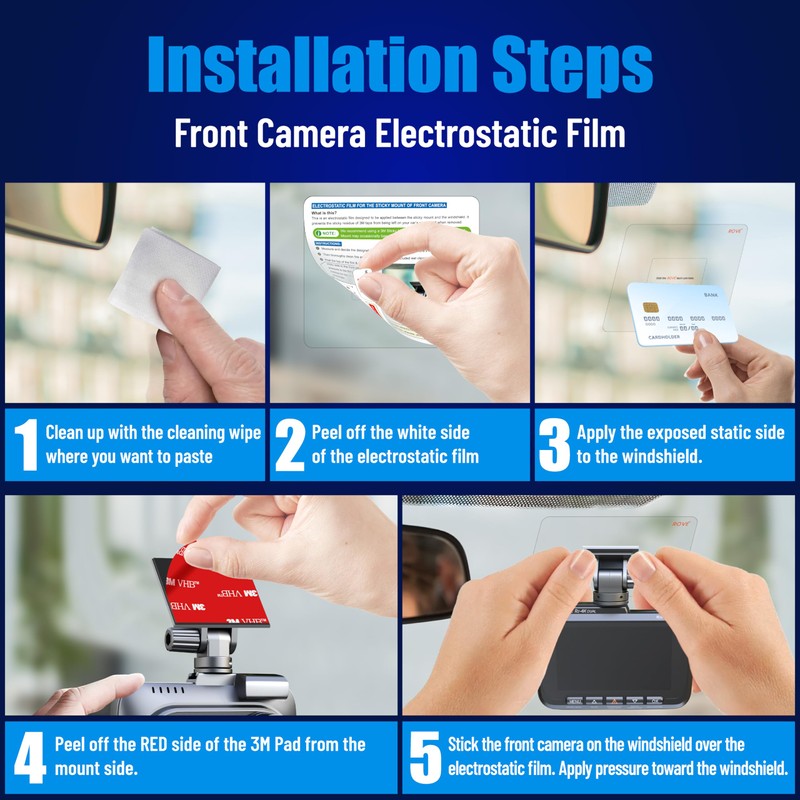 ROVE Windshield Electrostatic Films, 5-Pack, for Front Dash Cam Mounting