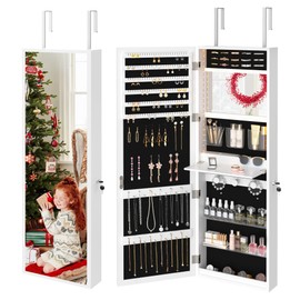 VECELO Jewelry Cabinet with Mirror, Jewelry Armoire Organizer with Lockable Full Length Mirror with Storage, Wall/Door Mounted, Interior Mirror & Makeup Light, Gift Idea, White