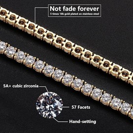 NOBYLO 4MM Classic Stainless Steel Tennis Chain 18K/White Gold Plated Cubic Zirconia Tennis Necklace Bracelet For Women Men Trendy 1 Row Bling Iced CZ Out Chain (20 inches, 18K gold)