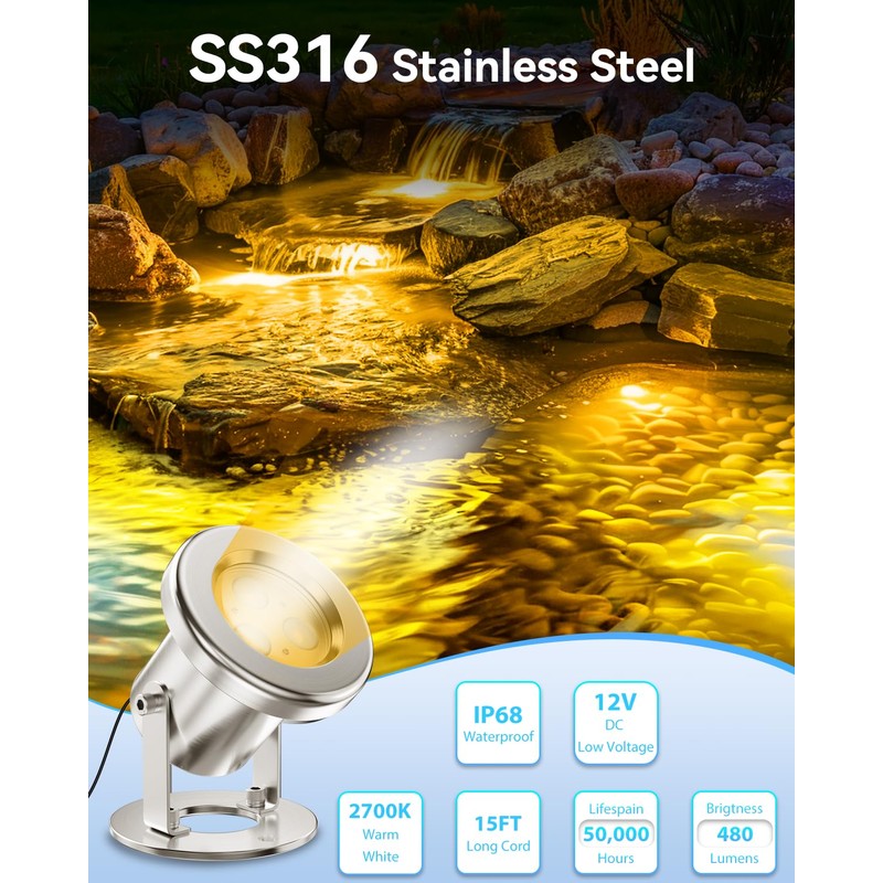 6W Pond Light 2700K SS316 Stainless Steel Fountain Light, 15FT