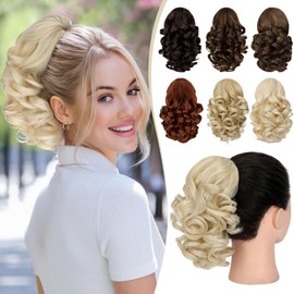 FELENDY 9" Short Ponytail Extension Curly Wavy Claw Clip in Ponytail Hair Extensions Clip on Fluffy Pony Tails Small Jaw Clips for Women Synthetic Hairpiece Light Blonde