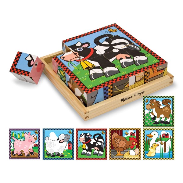 Melissa & Doug Farm Wooden Cube Puzzle With Storage Tray - 6 Puzzles in 1 (16 pieces)