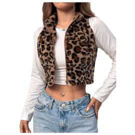 BEAUDRM Women's Y2k Leopard Print Cropped Vest Jacket Zip Up Fuzzy Sleeveless Cheetah Outwear Brown Medium
