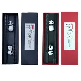 Smavles Chopsticks with Holder 4 Pairs Chopsticks Black Chopsticks Gift Set Reusable Chopsticks with Chopsticks Shelves Panda Shape