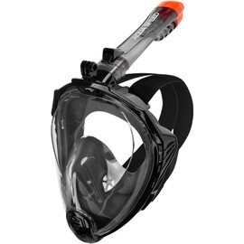 Aqua Speed Drift Adult 180° Panorama Full Face Snorkel Mask + Microfibre Towel Diving Mask with Snorkel Foldable Holder for Action Camera, Sizes: S - M, Colours: Black