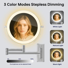 LANSI 1X/20X Wall Mounted Makeup Mirror with Lights, 8" Double Sided Bathroom Magnifying Mirror with 360° Extension Arm, Dimmable, Rechargeable, Touch Control, Chrome