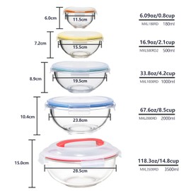 GENICOOK Nesting Glass Salad/Mixing Bowl Set With Lock Down Lids and Carry Handle on Largest Bowl - 10 pc set (5 Bowls, 5 Lids)