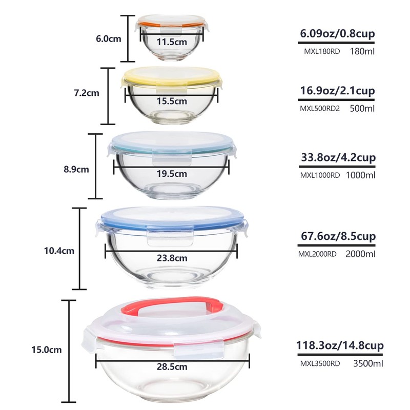 GENICOOK Nesting Glass Salad/Mixing Bowl Set With Lock Down Lids