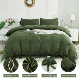 annadaif Olive Green Duvet Cover Queen (90x90 Inch), 3 Pieces (1 Duvet Cover, 2 Pillowcases) Soft Washed Microfiber Bowknot Bow Tie Duvet Cover Set, Easy Care Bedding Set for Men, Women