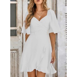Dokotoo Womens White Dresses Summer Wrap V Neck Short Sleeve Smocked Elastic Waist Tiered Belted Ruffle Hem Mini Dress Valentines Dress for Women XXL