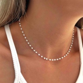 Aneneiceera Vintage Pearl Choker Necklace Beaded Pearl Station Necklace Freshwater Pearl Necklace Boho White Pearl Bead Necklace Chain Jewelry for Women