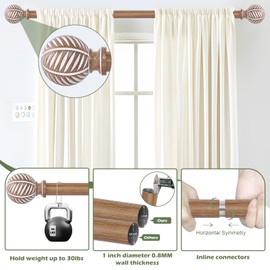 HTZON Wood Curtain Rods 28 to 48 Inch,1 Inch Boho Adjustable Curtain Rod,Imitation Wood Grain Leaf Decorative Window Curtain Rods,Farmhouse Rustic Heavy Duty Curtain Rods,Brown Drapery Rods Set 18-45"