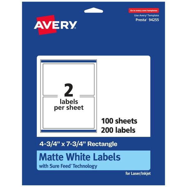 Avery Matte White Rectangle Labels with Sure Feed, 4.75" x