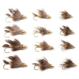 Trout Fly Assortment - Cone Head Muddler Minnow Streamer Flies Collection - 1 Dozen Flies - Sizes 2, 4, 6