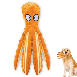 SHOKAN Squeaky Dog Toys, Dog Toys for Boredom for Puppy Small Medium Dogs, No Stuffing Orange Octopus Dog Toy with Crinkle Paper, Plush Interactive Dog Toys for Teeth Clean, Durable Dog Chew Toys