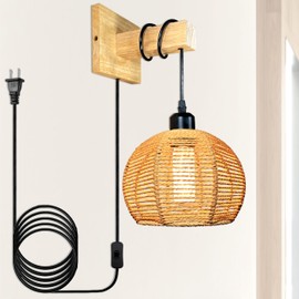 zylamp Plug in Wall Sconces 3-Way Dimmable Crystal Bulb Included with Plug in Cord & Paper Woven Shade. Boho Rattan Wall Lamp Beside Reading Lighting for Living Room Bedroom(ZYWL - F01)