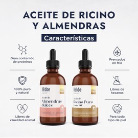 HEBBE Kit Aceite de Ricino y Almendras 100ml | Nutrición y Crecimiento Capilar | Fortalece Pestañas y Cejas | Hidrata Labios y Manos | Con Vitamina E y Antioxidantes Naturales | Ideal para Todo Tipo de Piel