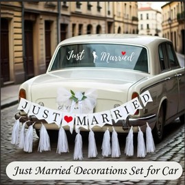 4 PCS Just Married Wedding Car Decorations Kit - Veil Bow with Suction Cups, Static Cling Window Decal, Removable Banner, Paper Tassel for Bride and Groom Newlywed Vehicle Decor