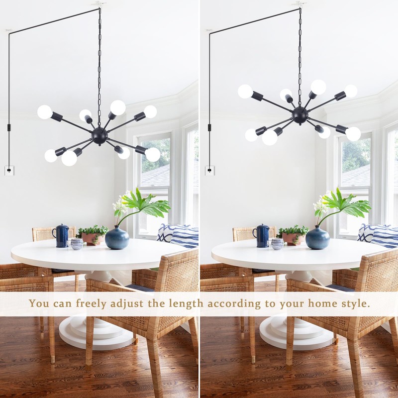 8 Lights Plug in Chandelier Black Hanging Lamp Plug-in Pendant