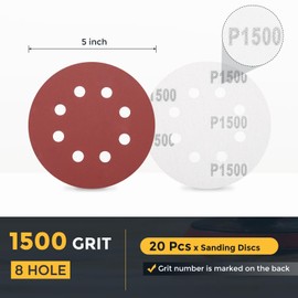HARFINGTON 20 Pcs 5 Inch Sanding Discs, 1500 Grit Hook and Loop Sandpaper, 8-Hole Aluminum Oxide Orbital Sander Sandpaper for Woodworking Automotive Metal Polishing, Red