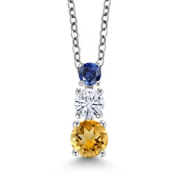Gem Stone King Rhodium Plated 3 Stone Pendant for Women & Chain Round Citrine Moissanite 1.10ct