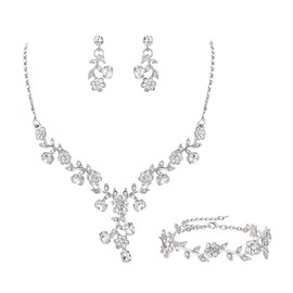 EVER FAITH Wedding Jewelry Set for Bride Bridesmaid Austrian Crystal Cluster Flower Leaf Party Necklace Earrings Bracelet Clear Silver-Tone