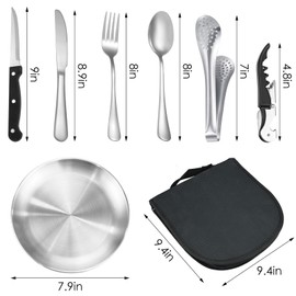 11Pcs Camping Cutlery Set - Stainless Steel Portable Picnic Utensils with Plates, Grill Tong, and Bottle Opener - Ideal for Road Trips, Picnics, and Camping Adventures