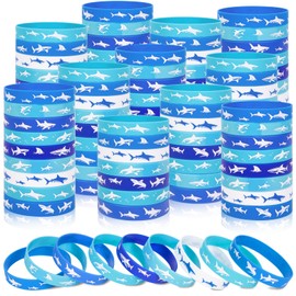 74Pcs Shark Silicone Bracelets Bulk, Under the Sea Blue and White Ocean Rubber Wristbands Party Favors Goodie Bag Stuffers Birthday Gifts Supplies (9 Designs)
