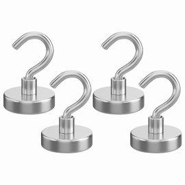 Realth Neodymium Magnetic Hooks 1.42'' Strong Rare Earth Magnets with Hook Color Sliver for Kitchen Warehouse Cruise Workplace Garage and Office 4 Pack