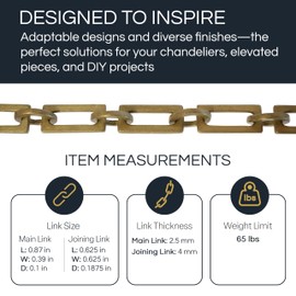 RCH Hardware Decorative Acid Dipped Solid Brass Chain for Hanging, Lighting - Rectangular Square Edge with Circular Connecting Rings and Unwelded Links (1 Foot)