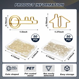 102 Piezas Set de Suministros de Oficina de Clips, 50 Clips de Papel con Forma de Casa 50 Sujetapapeles de Alambre en Forma de Llave con 2 Cajas de Almacenaje Transparentes Suministros Inmobiliarios