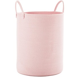 MOJOSCEND 15Dx20H inches Large Pink Hamper Laundry Basket for Baby Kids Woven Rope Nursery Hamper for Girls Room Bedroom Kawaii Laundry Bin 60L Capacity