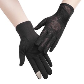 Women Sun UV Protection Driving Gloves Summer Short Floral Lace Anti-skid Screentouch Gloves Elegant Sunblock Fishing Hiking Cycling Gloves Wedding Bridal Full Finger Gloves (#E-Black, ONE SIZE)