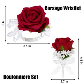 Vkkperp 2Pcs Red Artificial Rose Corsage Wristlet Band and Men Boutonniere Set, for Prom Suit Decorations Wedding Party Flower Accessories