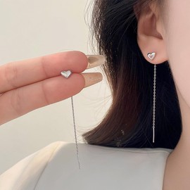 Vintage Heart Threader Dangle Earrings for Teen Girls 14k Gold Silver Tiny Cute Chain Earrings Long Bar Tassel Drop Earrings Jewelry Gift for Women (Silver)