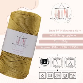 Makromecity 2 Skeins Macrame Yarn 2 mm x 230 m, Premium Polyester Macrame Cord, Polypropylene Yarn for Crafts, Home Decorations, Place Mat, Shoulder Bag, Handbag, Runner, Comforter, Chain, 20 Colours