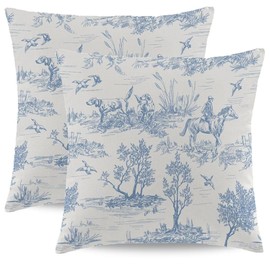 Wsunsal Blue and White Toile Pillow Covers 22x22 Inch Set of 2 Vintage French Country Throw Pillow Cover Rustic Linen Cushion Cover Decor for Home Sofa Bedroom Outdoor Indoor