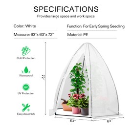 VIVOSUN Portable Mini Greenhouse 72x63x63-Inch Tent-Style Greenhouse, PE Cover with Roll-up Zipper Door and Window, for Indoor Outdoor or Garden Plant Growing, White