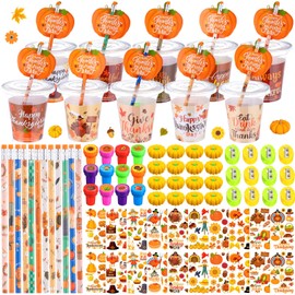 Chivertion 210 Pcs Thanksgiving Party Favors Fall Pumpkin Stationery Set Happy Thanksgiving Day Stamps Pencils Sharpener Erasers Stickers Cups for Autumn Harvest Classroom Party Gift Exchange Prizes