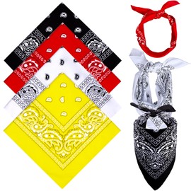 Pack of 4 Bandana Headscarf for Men and Women, Paisley Neckerchief, Triangular Scarf, Headwear, Hair Scarf, Neck Wrist Head Biker, 54 x 54 cm, Red, White, Black and Yellow