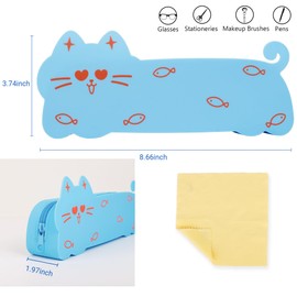 Umbrotiger Cat Shaped Silicone Pencil Case Aesthetic Blue Pen Holder for Artists, Office & Classroom, Bend Proof Waterproof Travel Organizer Cute Soft+ Free Lens Cloth