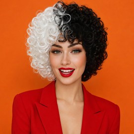 Short Curly Wig Black and White Wavy Hair Curly Wig with Bangs