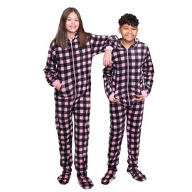 Hoodie Footed Onesie Buffalo Pink & Black Plaid Fleece Footed Pajamas for Boys & Girls (L-14/16)