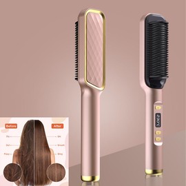 Hair Straightener Brush Comb, Ceramic Benherofun Ring Hair Straightener Comb And Curling Iron Straightening Brush for Women, Hot Comb Curling Iron Electric Hair Styling Tool With Intelligent Temperature Control Anti-Scald & LED Screen - Color: Grey