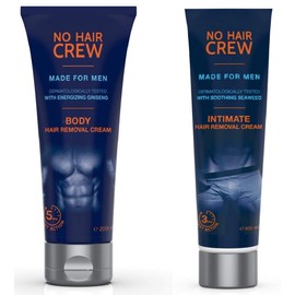 Combo NO HAIR CREW – Lote de 2 cremas- una Crema Depilatoria Íntima Premium - Bote de 100 ml + una Crema Depilatoria Corporal Masculina - Bote de 200 ml - Hechas Para Hombres - Sin riesgo de cortes