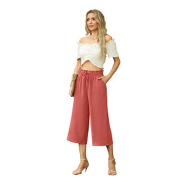 FREEOAK Wide Leg Capri Pants for Women Petite Length High Waist Drawstring Cropped Linen Palazzo Pants for Beach Orange Size Medium