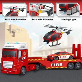 SpringFlower Truck Toddler Boy Toys, 25" Large Fire Truck Toy with Racing Car and Helicopter,3 in 1 Lights Sounds Fire Truck Boy Toy, Christmas Birthday Gifts for Kids 3 4 5 6 Years Old