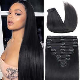 Clip in Hair Extensions Real Human Hair,18inch 150g 10Pcs with 24 clips,Natural Black,Straight Human Hair Clip in Hair Extensions for Black Women