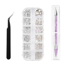 FUZVOL 1500 PCS Rhinestones for Nail Art AB Clear Crystal Nail Gems Diamonds 6 Sizes Flat Back Gems with Pick Up Tweezers and Double Head Rhinestone Picker Dotting Pen for Nail Crafts Clothes Art
